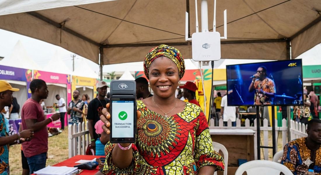 Vendor accepting a cashless payment over TIG event WiFi at a Lagos festival